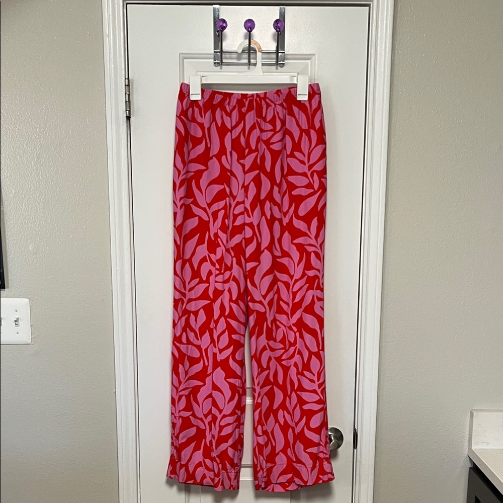 a new day Red and Pink Leaf Print Pants